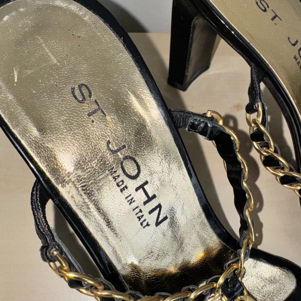 St. John Black Patent Leather Heel Sandals Size 8.5 M Catena Strappy Gold Chain - Picture 14 of 16